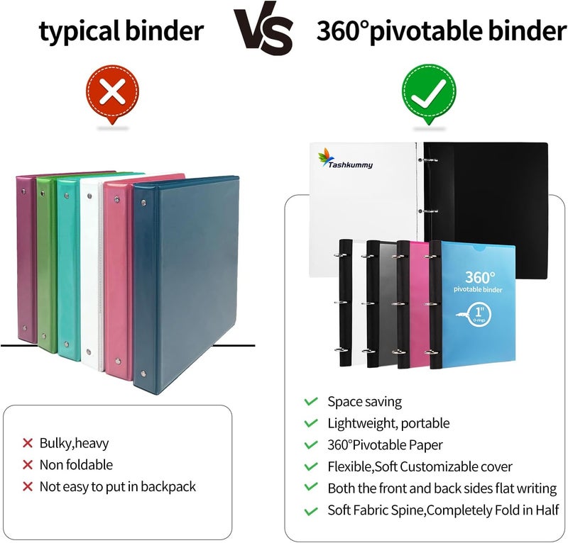 Tashkummy 360° Pivotable 3 Ring Binder, Upgraded Foldable Binders 1 inch 2 Pack, Thin Small Three Ring Binder Fits 8.5" x 11", for Home, School and Office Binders Supplies - Black - Image 3